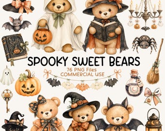 Halloween Teddy Bear Clipart PNG Bundle, Ghost Witch Bear Graphics, Spooky Sweet Bears Clip Art, Commercial Use