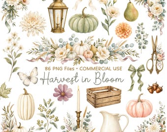 Fall Floral Clipart, Autumn Clip Art, Pumpkin Watercolor PNG, Harvest Decor, Commercial Use
