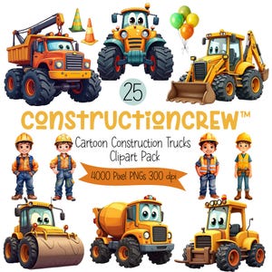 Clipart camion de construction, dessin animé véhicules de construction PNG, mignon pelle, bulldozer, bétonnière, camion à benne basculante garçon Clip Art ensemble d'imprimables