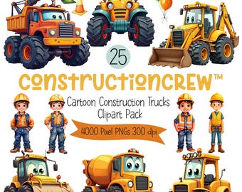 Construction Truck Clipart, Cartoon Construction Vehicles PNG, Cute Digger, Bulldozer, Cement Mixer, Dump Truck Boy Clip Art Printables Set