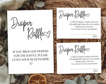 Letrero y boletos para rifa de pañales minimalistas / Rifa imprimible para baby shower / Elegante juego de pañales / Descarga instantánea editable / Género neutro