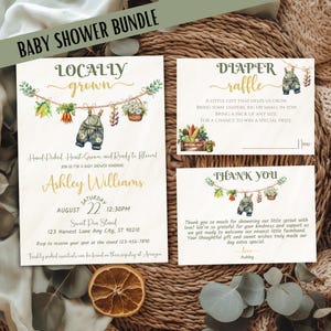Ensemble baby shower cultivé localement Fille | Invitation imprimable, tombola de couches, carte de remerciement | Ensemble de douche de bébé de jardin rustique | Thème de la ferme