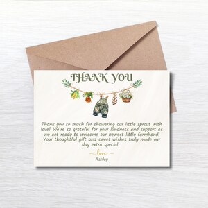 Carte de remerciement pour baby shower Little Sprout, impression de baby shower à la ferme modifiable, note de petite fille jardin rustique, téléchargement immédiat cultivé localement