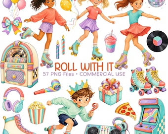 Roller Skating Clipart, Roller Skate PNG, Kids Roller Rink Birthday Party, Commercial Use