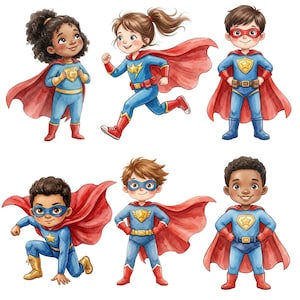 May include: Watercolor illustration of six diverse children dressed as superheroes. Each child wears a blue jumpsuit, a red cape, and a mask or eye covering. The children are in various action poses, with a gold star or letter on their chest.