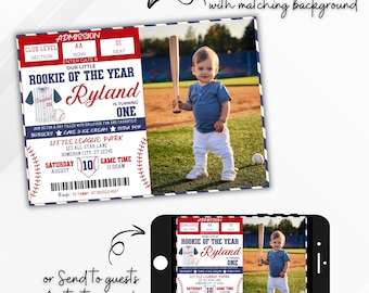 Baseball Ticket Birthday Invitation, Photo, Editable Rookie of the Year Birthday, Boy Sports Party Invite