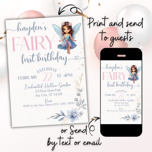Convite de aniversário de fada azul para meninas, convite editável de jardim encantado para qualquer idade, tema de festa de duende para impressão, convite mágico para download instantâneo