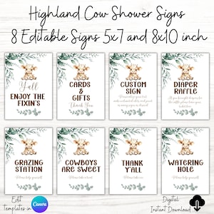 Pacote de placas para chá de bebê com tema de vaca das Terras Altas, conjunto de placas para mesa de bebê com tema de vaca sagrada de caubói, decoração com tema rústico para chá de bebê, download instantâneo editável