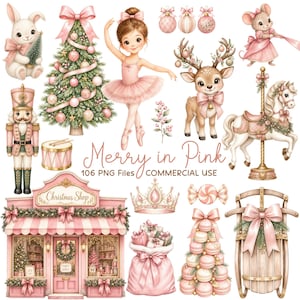 Puede incluir: Una colección digital de ilustraciones navideñas en rosa y blanco, que incluye una bailarina, un cascanueces, un reno, un caballo de carrusel, una tienda decorada, un árbol de Navidad, un saco de regalos, un trineo y adornos con el texto Merry in Pink.