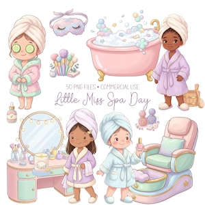 Könnte beinhalten: Digitale Illustration mit Spa-Tag-Themen. Sie zeigt Cartoonfiguren in Bademänteln, eine Badewanne mit Blasen, einen Schminktisch und Schönheitsprodukte. Der Text "Little Miss Spa Day" ist ebenfalls vorhanden.