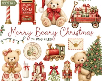 Christmas Teddy Bear Clipart Bundle, Vintage PNG, Bear Clip Art, Holiday Graphics, Commercial Use