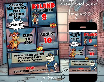 Comic Style Dog Hero Party Invitation • Commander Canine™ Birthday • Superhero Pup Card • Editable Kids Birthday Invitation Instant Download