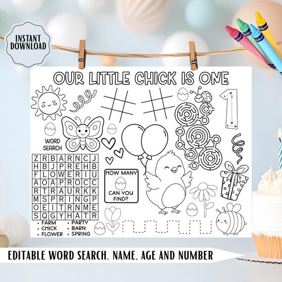 Chick First Birthday Activity Placemat, Farm Barnyard Coloring Sheet, Editable Party Table Game Template