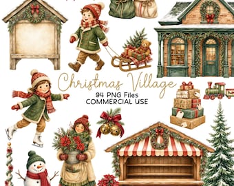 Christmas Village Clipart, Vintage Christmas PNG, Winter Graphics, Holiday Market, Commercial Use
