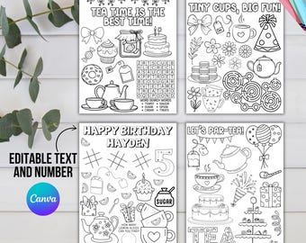 Tea Party Birthday Coloring Pages, Printable Tea Time Activity Sheets, Editable Girls Birthday Games, Tea Party Favor Decor Instant Download