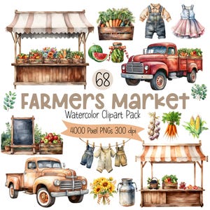 Clipart de marché de producteurs, aquarelle fruits et légumes, PNG de camion de ferme rustique, décoration de marché baby shower, ensemble de graphiques numériques modifiables