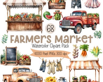 Farmers Market Clipart, Watercolor Fruit Veggie Stands, Rustic Farm Truck PNGs, Baby Shower Market Decor, Editable Digital Graphics Set