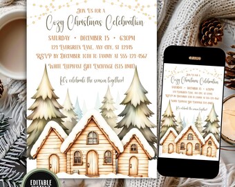 May include: A digital invitation for a "Cozy Christmas Celebration" with a watercolor illustration of snow-covered cabins and evergreen trees. The invitation includes event details and a call to RSVP. A smartphone displays the same design.