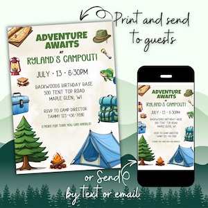 Könnte beinhalten: Eine Einladung zum Campen mit dem Text "Adventure Awaits at Ryland's Campout!" mit Illustrationen von Campingausrüstung, einem Zelt und einem Lagerfeuer. Die Einladung enthält Datum, Uhrzeit und Ort.