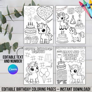 Unicorn Birthday Coloring Pages | Unicorn Printable Coloring Sheets | Unicorn Girl Birthday Party Activity | Kids Party Fun Instant Download