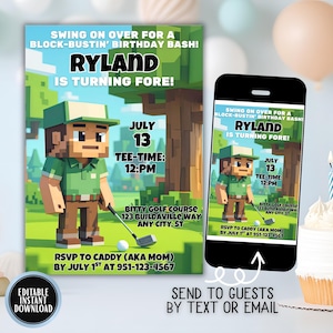 Könnte beinhalten: Eine digitale Einladung für eine Geburtstagsfeier zum Thema Golf. Das Design zeigt einen pixeligen Golfer, den Namen "RYLAND" und Details zur Veranstaltung. Die Einladung wird auch auf einem Smartphone angezeigt.