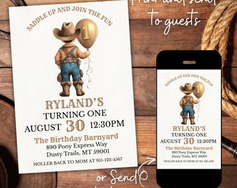 Cowboy erste Geburtstagseinladung, bearbeitbare Wild West Rodeo einladen, Junge 1. Geburtstagsfeier