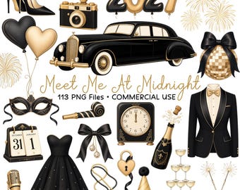 New Year Clipart, New Years Eve PNG, 2027 Party Graphics, Black Gold, Commercial Use