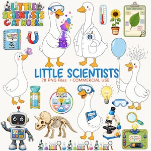 May include: A collection of digital illustrations featuring white geese dressed as scientists, a robot, a dinosaur skeleton, a microscope, a thermometer, a sunflower, a weather chart, a science journal, and a circuit board with the text Little Scientists.