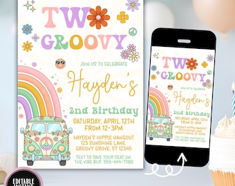 Groovy Birthday Invitation, Two Groovy 2nd Birthday Invite, Retro Hippie Party, Girl Editable Template