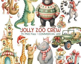 Christmas Animal Clipart, Zoo Animals, Safari Wildlife PNG, Holiday Clip Art, Commercial Use