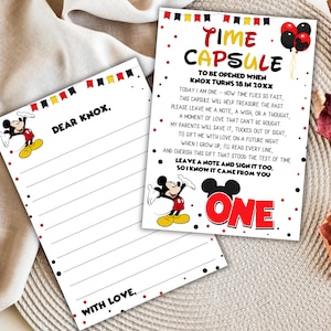 Cápsula del tiempo editable para el primer cumpleaños de Mickey Mouse, decoración para fiesta de primer cumpleaños de Mickey, letrero y tarjeta a juego, descarga instantánea MM1