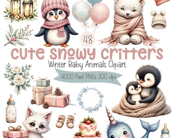 May include: A collection of winter-themed baby animal clipart. Includes a penguin in a pink hat and scarf, a polar bear wrapped in a blanket, a white fox, a narwhal, and other winter elements. Text reads "cute snowy critters".