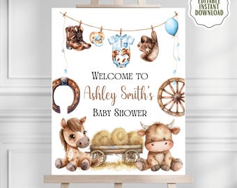 Little Cowboy Baby Shower Welcome Sign, Western Theme Decor, A Cowboy Is On The Way, Editable Printable Poster cg01