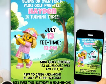 May include: A digital birthday invitation featuring a cartoon character playing golf on a green course with trees and a blue sky. The text reads: Swing on over for a mini golf par-tee! Hayden is turning three! July 13, tee-time 12pm, 123 Clubhouse Way.