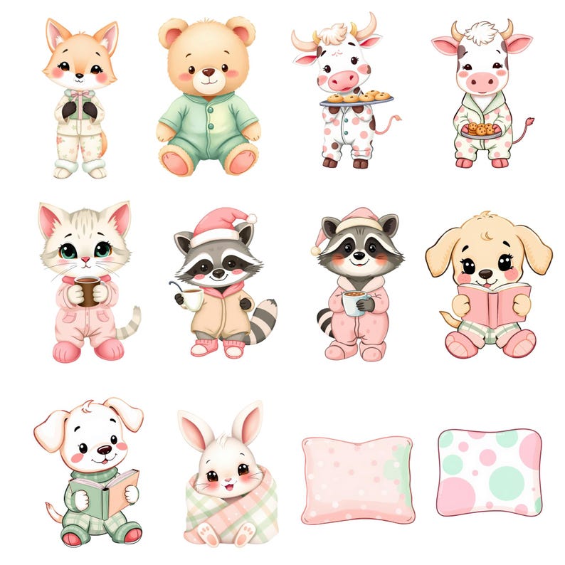 Animals in Pajamas Clipart – Sleepover Slumber Party PNG Graphics ...