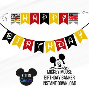 EDITABLE Mickey Mouse Birthday Banner Sign, Mickey Party Decorations, Classic Mickey Bunting Pennant Banner, Any-All Ages,  MM1 TEMPLATE