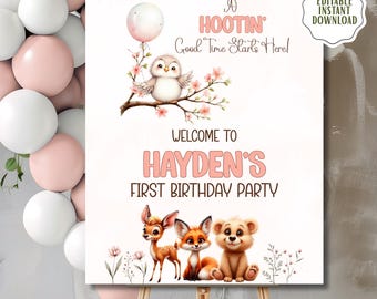 Woodland Birthday Welcome Sign, Owl First Birthday Party Decor, Editable Girl Poster