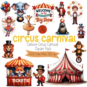 Circus Carnival Clipart | Cute Carnival Animals, Tent, Balloons and Performer Graphics for Birthday Parties, Invites-Crafts Instant Download
