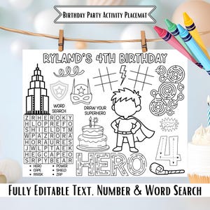 Superhero Birthday Activity Placemat, Kids Party Activities, Super Hero Party Printable, Editable Template