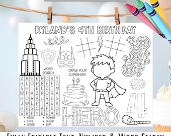 Superhero Birthday Activity Placemat, Kids Party Activities, Super Hero Party Printable, Editable Template