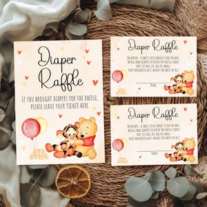 Letrero y boletos para la rifa de pañales de Winnie the Pooh / Juego para baby shower / Tema de Pooh imprimible / Baby Shower de género neutro / wp01 Descarga instantánea