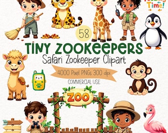 Safari dierenverzorger clipart – Schattige dierentuindieren en dierenverzorger kinderen png's, aquarel dieren clipart, commercieel gebruik download