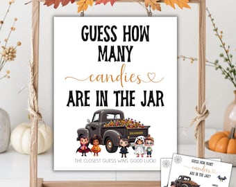 Juego de adivinanzas de Halloween imprimible / Letrero "Adivina cuántos dulces hay en el frasco" / Juego de fiesta de Halloween editable para niños / Letreros para contar dulces