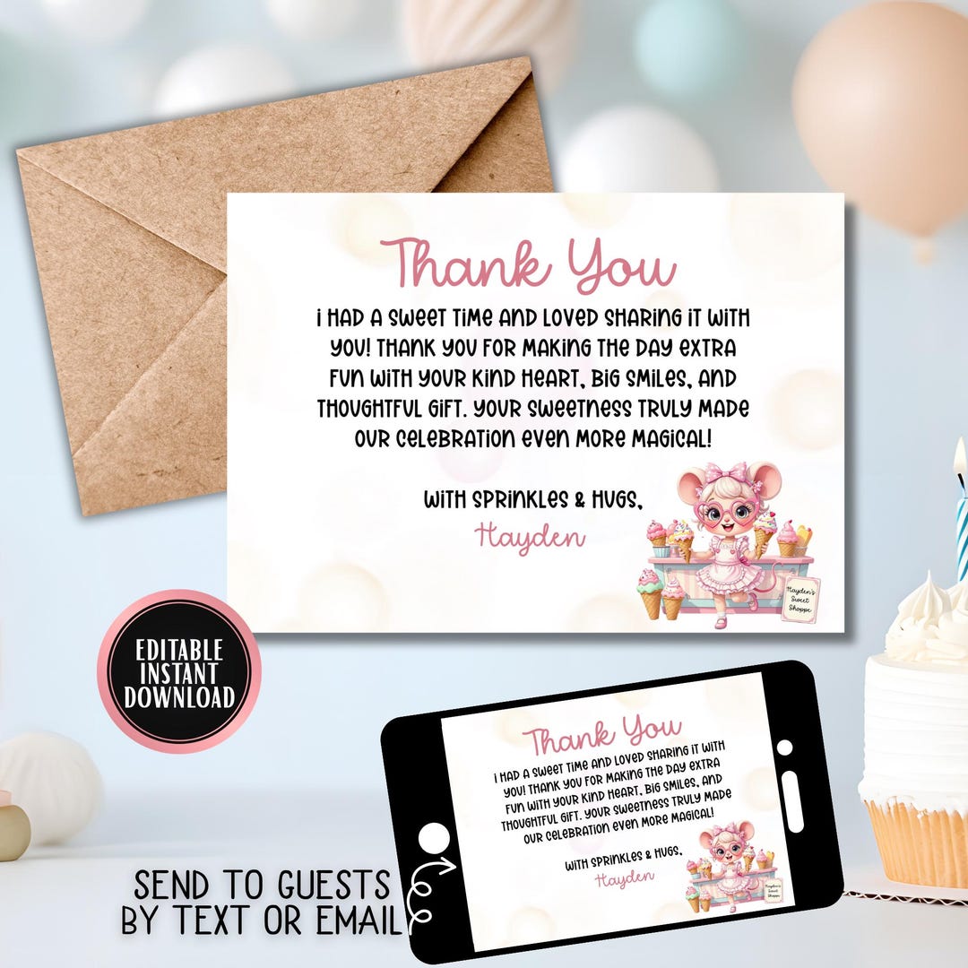 Editable Sweet Treat Thank You Card | Printable Girl Birthday Note ...