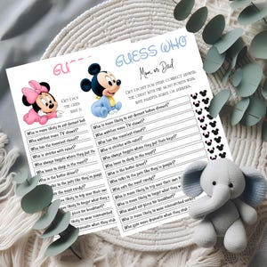 ミッキーとミニーのベビーシャワーゲーム「Guess Who」、ベビーシャワーゲーム印刷可能、男の子か女の子か「Guess Who」ゲーム、mm01 編集可能即時ダウンロード