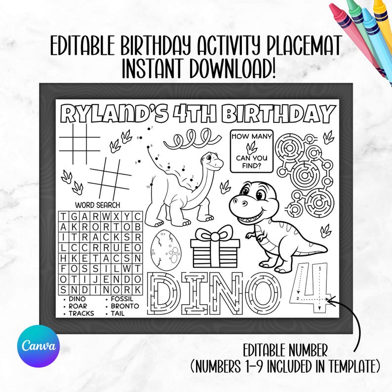 Dinosaur Birthday Placemat Printable – Dino Party Activity Mat for Kids ...