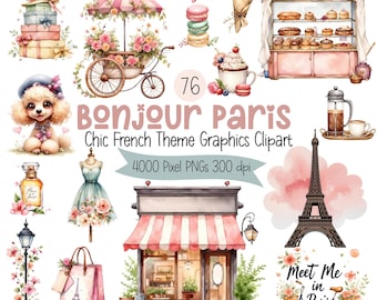 Paris Clipart Bundle | Watercolor Eiffel Tower & French Cafe Graphics, Digital Download, Commercial Use