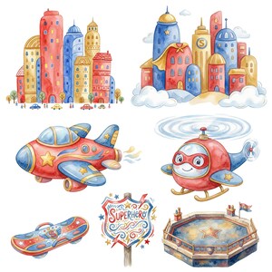 May include: Watercolor illustrations of a superhero-themed city, airplane, helicopter, skateboard, sign, and arena. The city features colorful buildings. The airplane and helicopter have star and lightning bolt details. The sign reads "Superhero".
