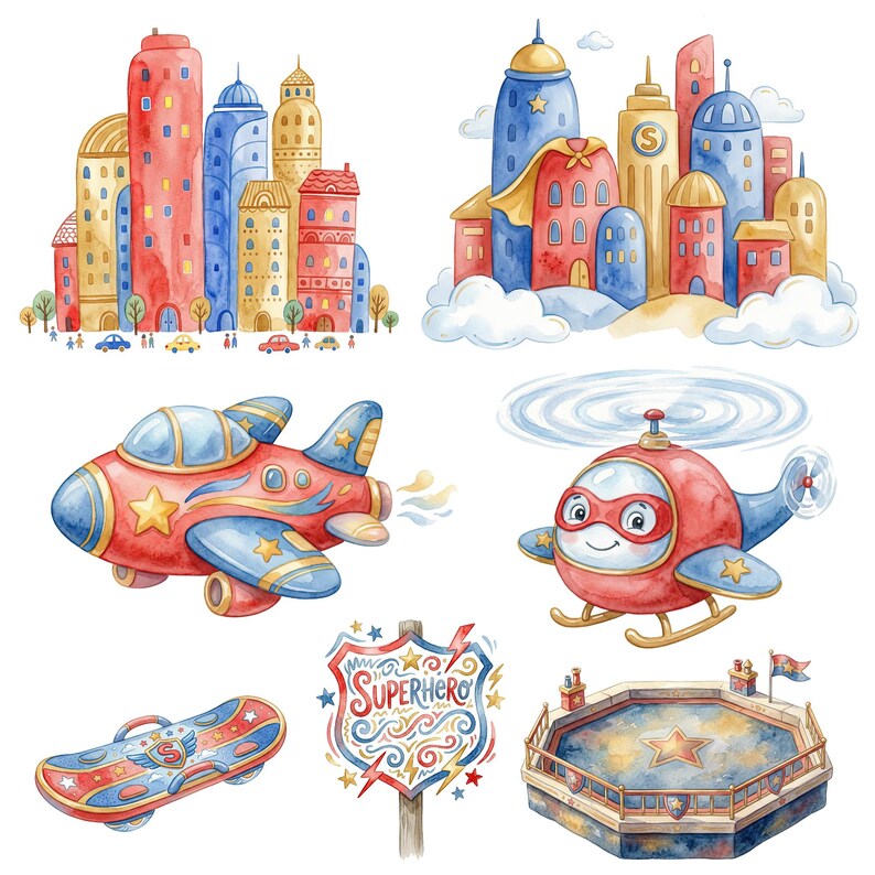 May include: Watercolor illustrations of a superhero-themed city, airplane, helicopter, skateboard, sign, and arena. The city features colorful buildings. The airplane and helicopter have star and lightning bolt details. The sign reads "Superhero".