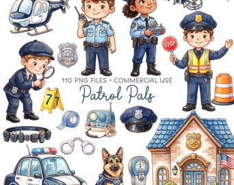 Police Clipart Bundle, Community Helpers, Law Enforcement PNG, Police Officer Birthday, Watercolor Kids Graphics, Commercial Use